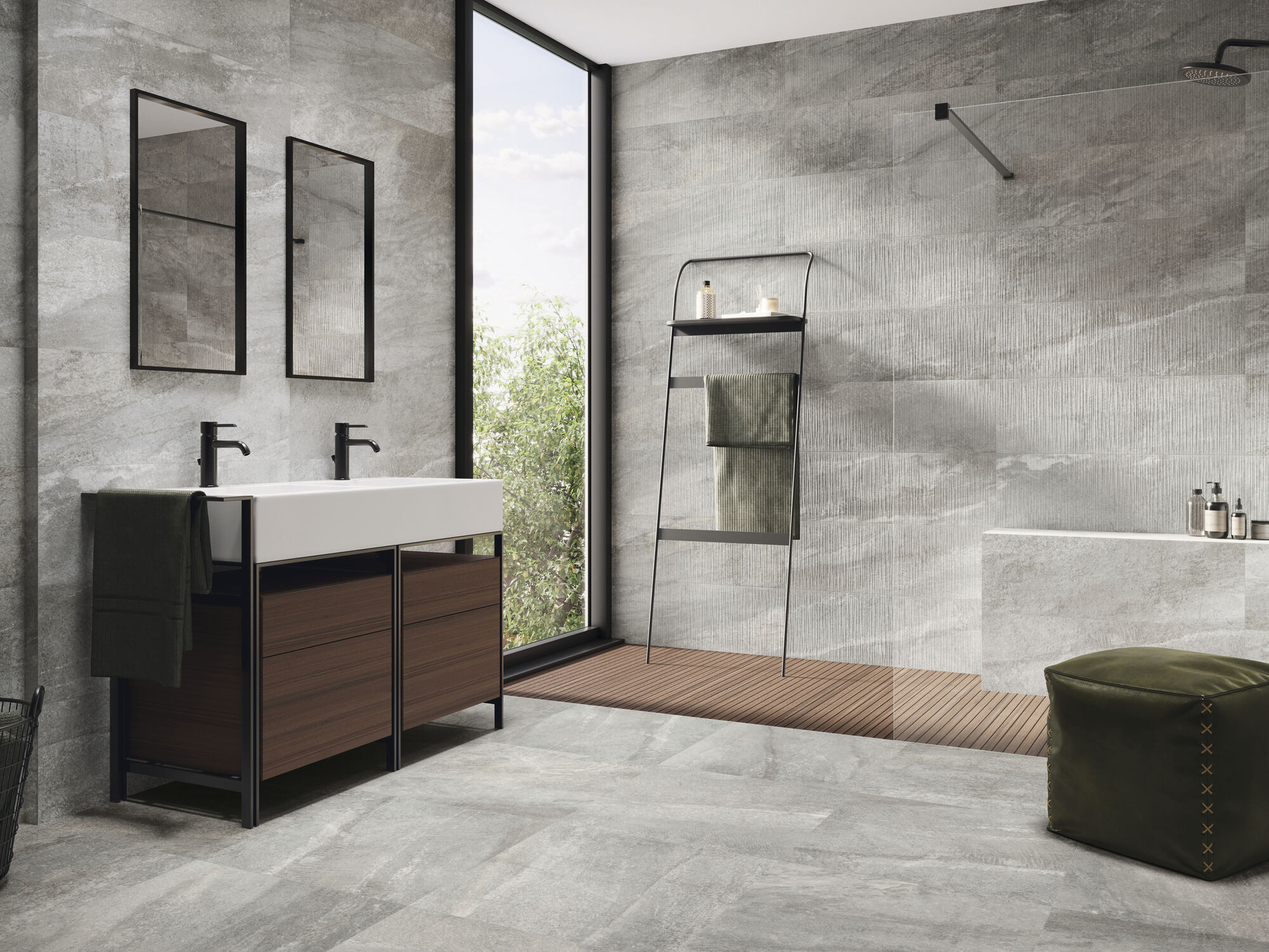 Modern interior design with white ceramic wall tile or porcelain tile finish