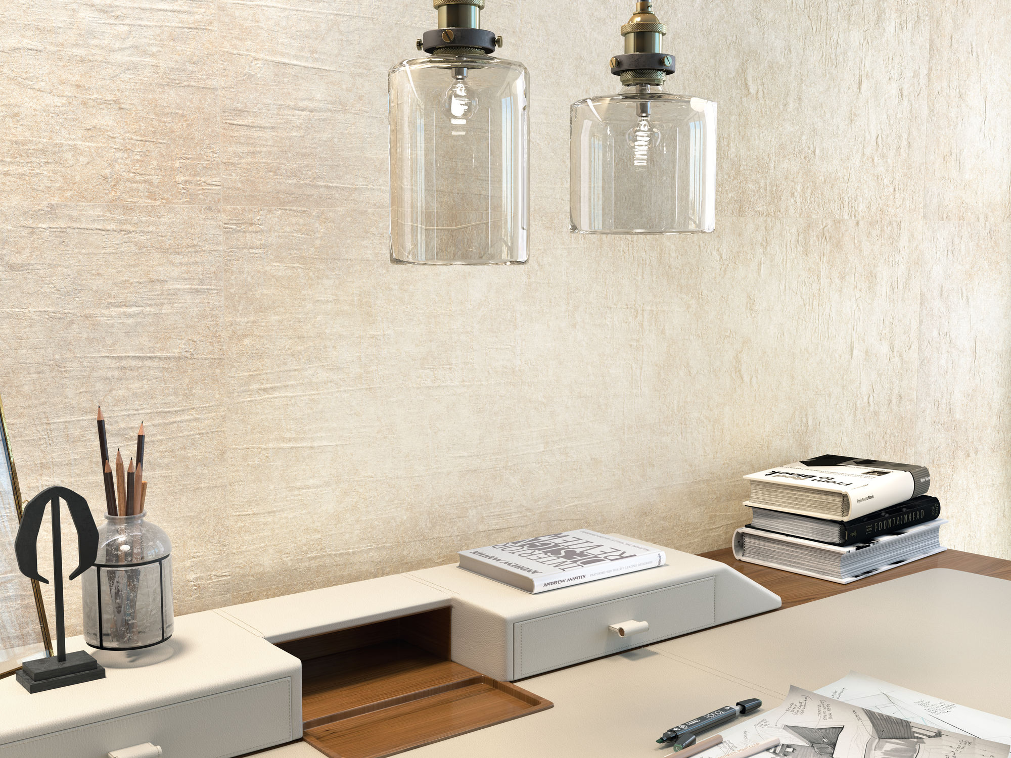 Modern interior design with white ceramic wall tile or porcelain tile finish